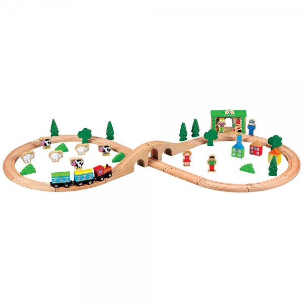 Дървено влакче Lelin toys, с релси и аксесоари, 50 части Дървено влакче Lelin toys, с релси и аксесоари, 50 части
