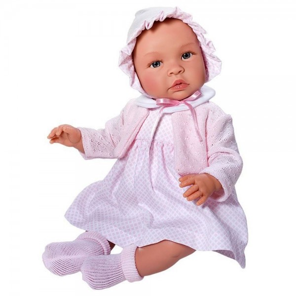 Кукла бебе Asi Dolls, Лея, с рокля, плетена жилетка и шапка, 46 см