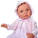 Кукла бебе Asi Dolls, Лея, с рокля, плетена жилетка и шапка, 46 см