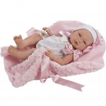 Кукла бебе Asi Dolls, Мария с бяло гащеризонче и розово одеяло