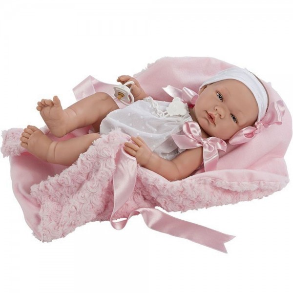 Кукла бебе Asi Dolls, Мария с бяло гащеризонче и розово одеяло